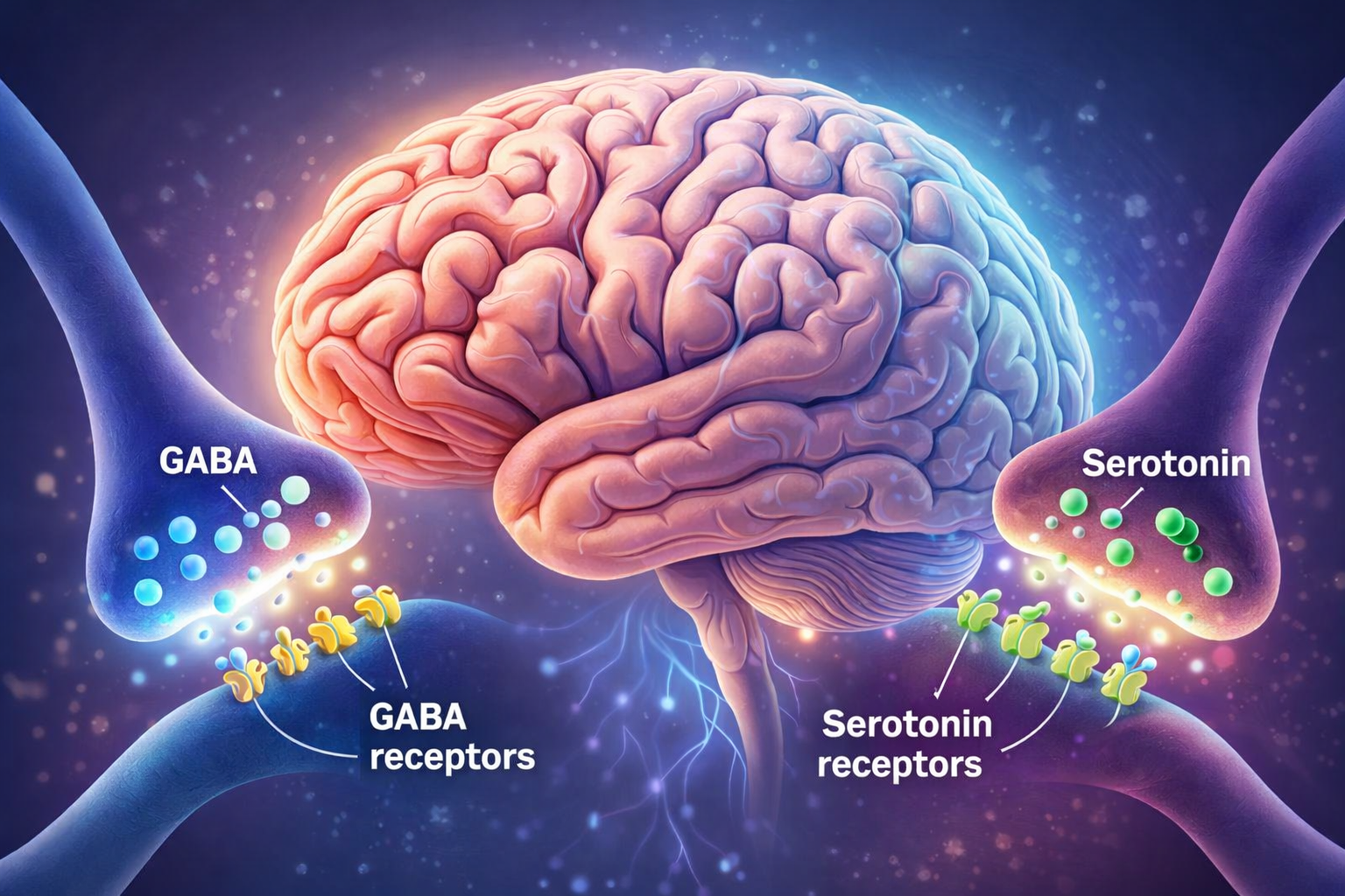 Ilustratie medicala a creierului care arata interactiunea dintre GABA, serotonina si receptorii GABA la nivel neuronal